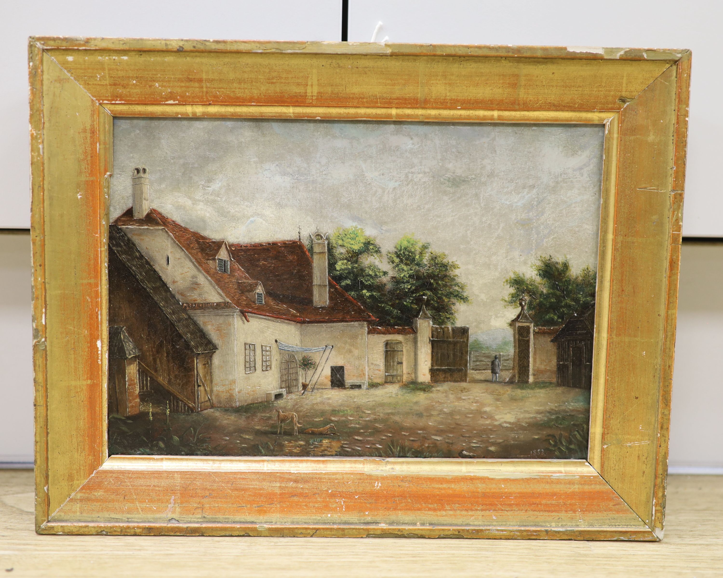 Victorian School, oil on canvas, Courtyard scene with dogs and figure in a gateway, dated 1853, 18 x 26cm